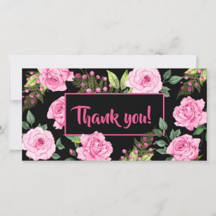 Pink Roses on Black Bridal Shower Thank You Card