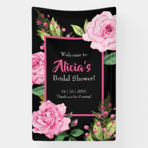 Pink Roses on Black Bridal Shower Vertical Banner