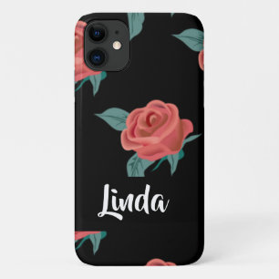 Pink roses on black iPhone 11 case
