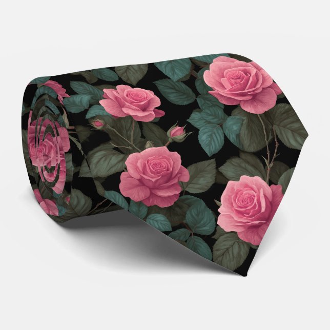 Pink Roses on Black Floral Pattern Tie (Rolled)