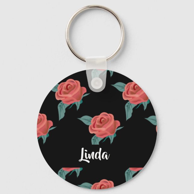 Pink roses on black key ring (Front)