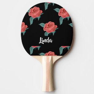 Pink roses on black ping pong paddle