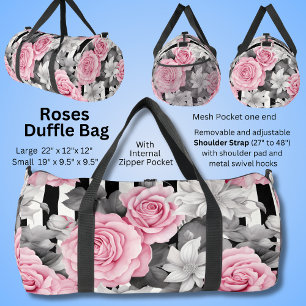 Pink Roses on Black Stripes Duffle Bag
