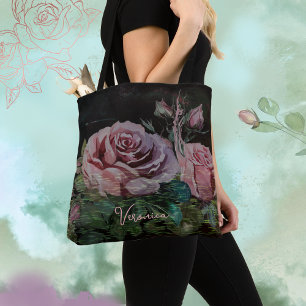 Pink Roses on Black Tote Bag