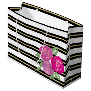 Pink Roses on Black, White, Gold Gift Bag