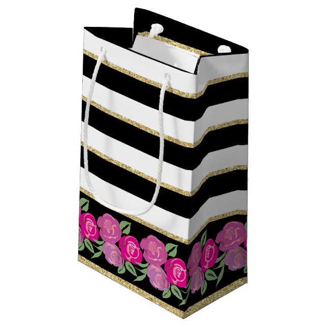 Pink Roses on Black, White, Gold Gift Bag (Back Angled)