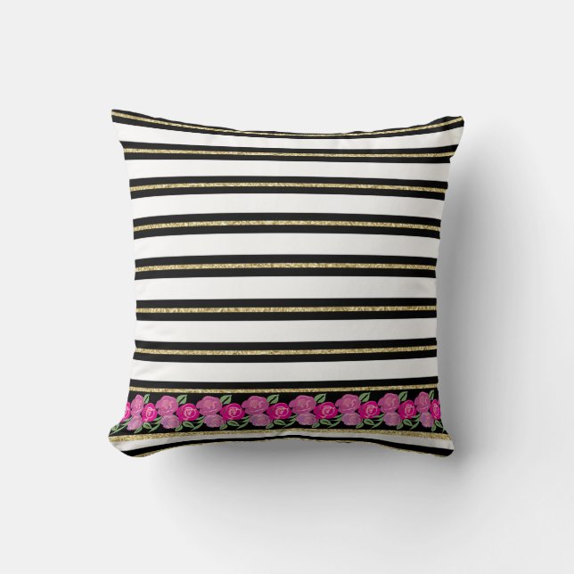 Pink Roses on Black, White, Gold Stripes Cushion (Front)