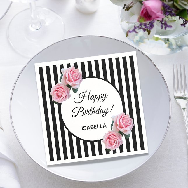 Pink roses on black white stripes Happy Birthday Napkin (Creator Uploaded)