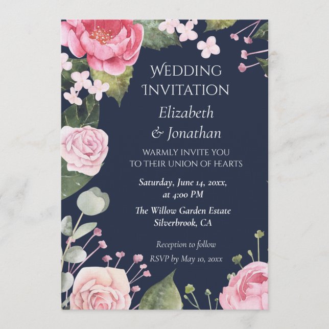 Pink Roses on Blue Customizable Wedding Invitation (Front)