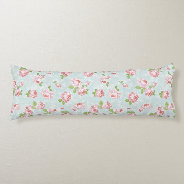 Pink Roses on Blue Vintage Country Body Pillow (Front)