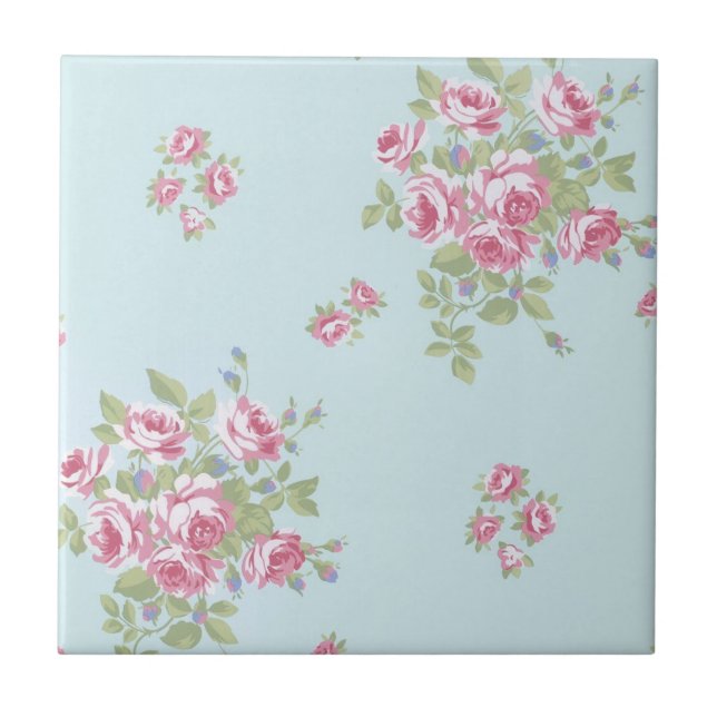 Pink Roses on Blue Vintage Country Ceramic Tile (Front)