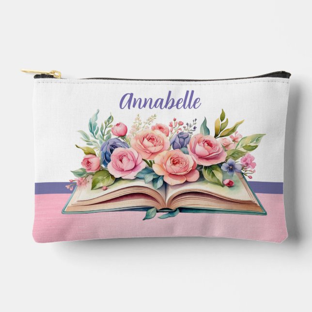Pink Roses on Book Small Accessory Accessory Pouch (Front)