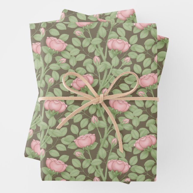 Pink Roses on brown Wrapping Paper Sheet (In situ)