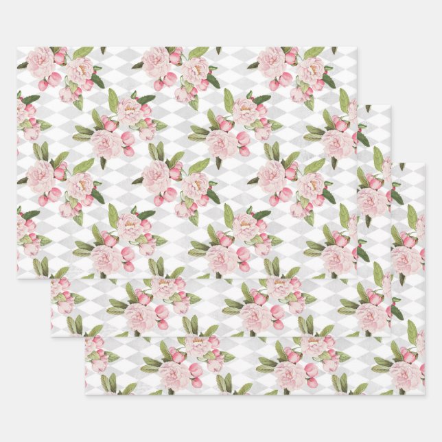Pink Roses on Chequered Board Wrapping Paper Sheet (Set)