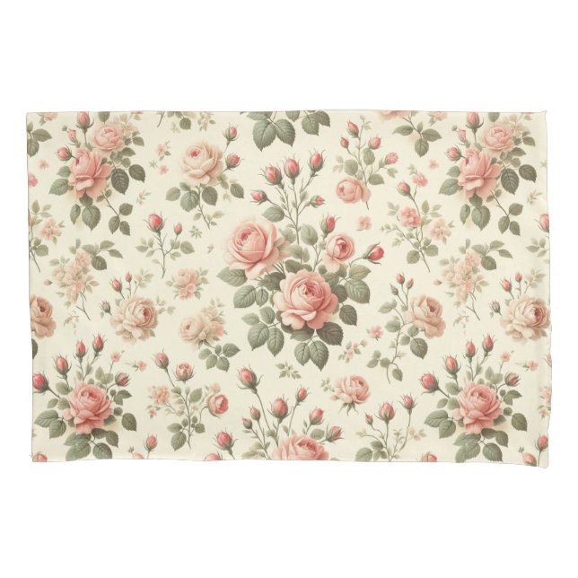 Pink Roses on Cream Vintage Pillow Case (Front)