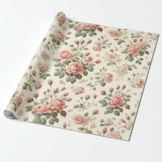Pink Roses on Cream Vintage Wrapping Paper Roll