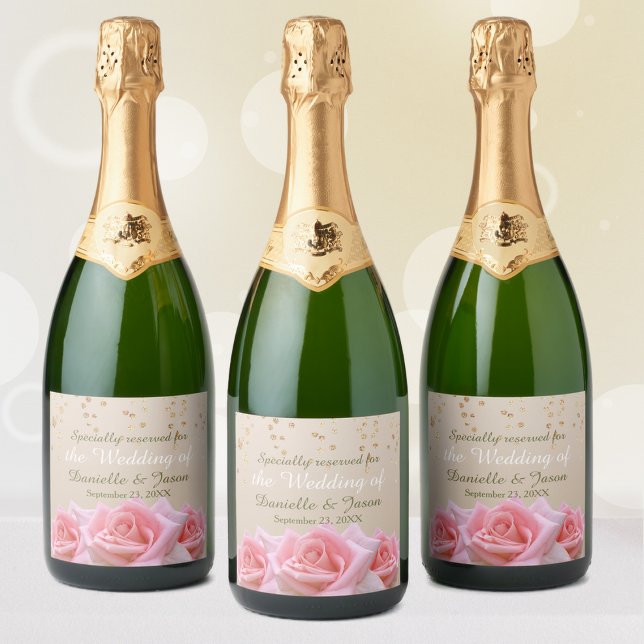 Pink Roses on Glitzy Pale Taupe Champagne Label (Creator Uploaded)