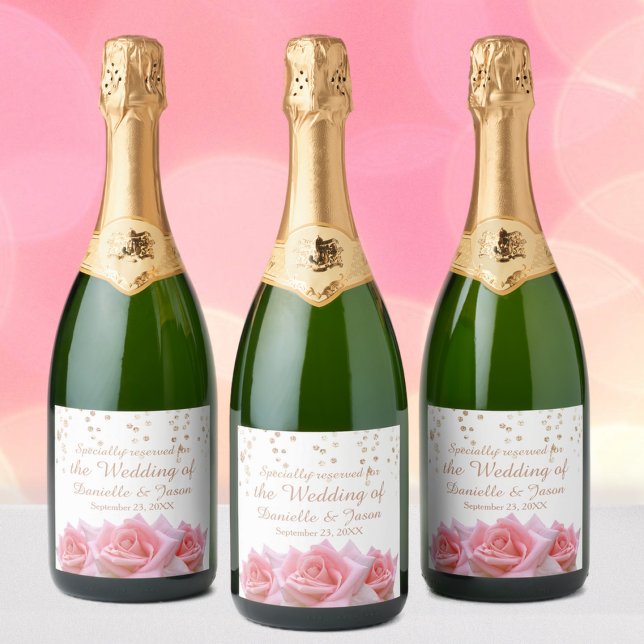 Pink Roses on Glitzy White Champagne Label (Creator Uploaded)