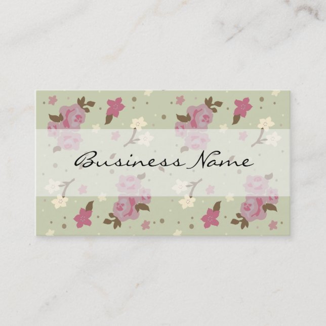 Pink Roses on Green Floral Business Cards (Front)