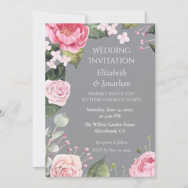 Pink Roses on Grey Customizable Wedding Invitation (Front)