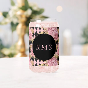 Pink Roses on Harlequin Monogram Can Glass