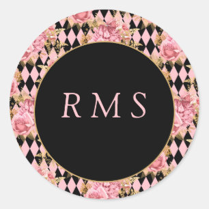 Pink Roses on Harlequin Monogram Classic Round Sticker