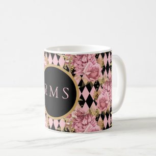 Pink Roses on Harlequin Monogram   Coffee Mug
