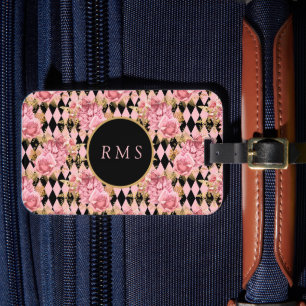 Pink Roses on Harlequin Monogram  Luggage Tag