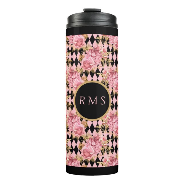 Pink Roses on Harlequin Monogram  Thermal Tumbler (Front)