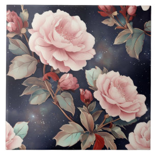 Pink Roses on Magic Night Sky Ceramic Tile