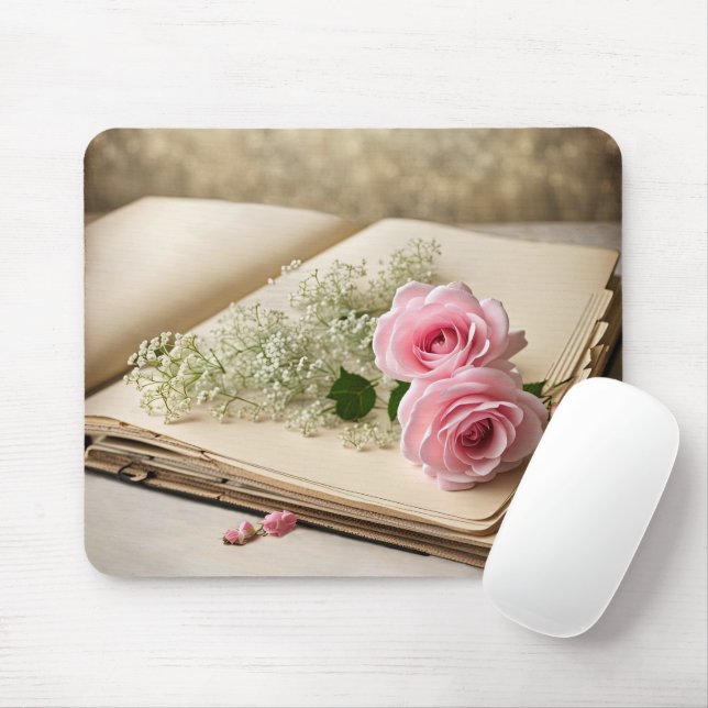 Pink Roses On Old Scrapbook Mouse Pad (With Mouse)