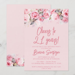 Pink Roses on Pink Floral 21st Birthday Party Invitation
