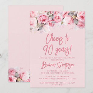 Pink Roses on Pink Floral 90th Birthday Party Invitation