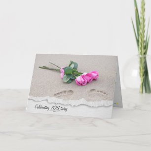 Pink Roses On Sand Birthday Card