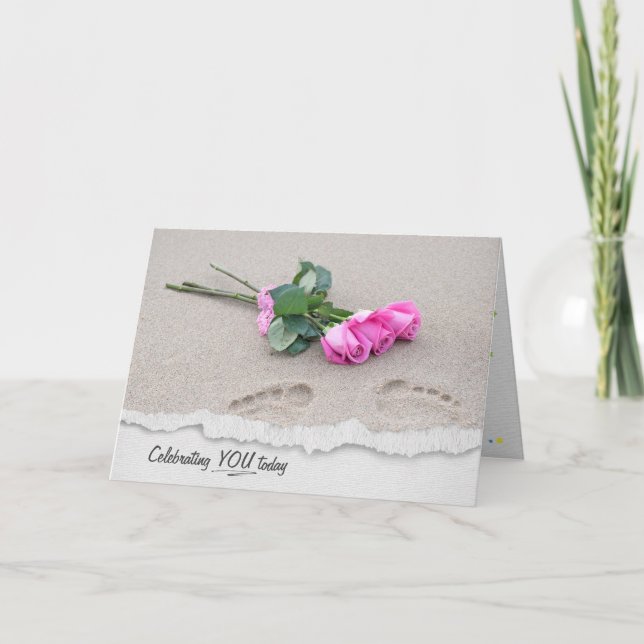 Pink Roses On Sand Birthday Card (Front)