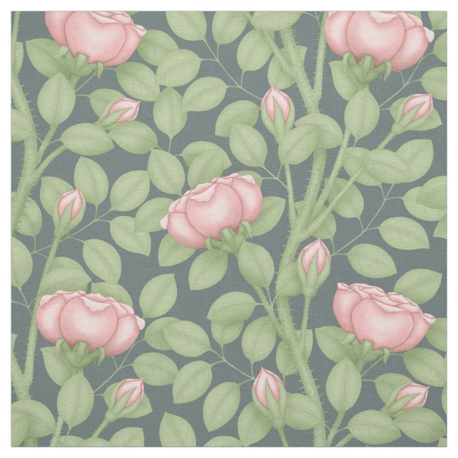 Pink Roses on slate blue (small scale) Fabric (Swatch)