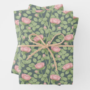 Pink Roses on slate blue Wrapping Paper Sheet