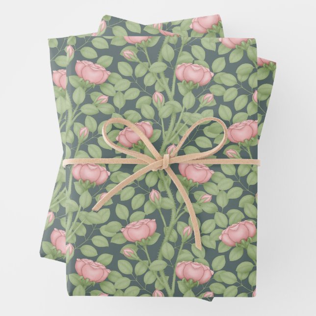 Pink Roses on slate blue Wrapping Paper Sheet (In situ)