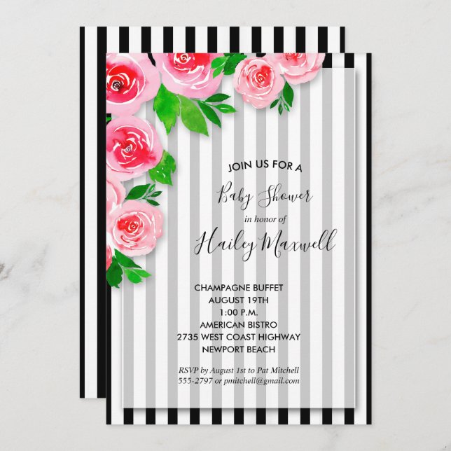 Pink Roses on Stripes Baby Shower Invitations (Front/Back)