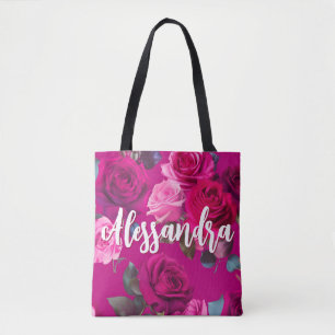 Pink Roses on Viva Magenta Romantic Tote Bag