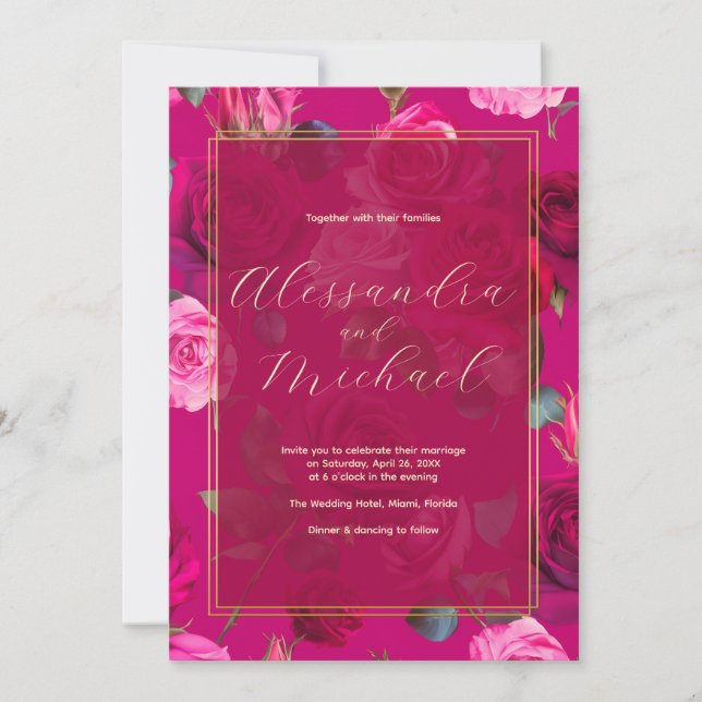 Pink Roses on Viva Magenta | Wedding Invitation (Front)