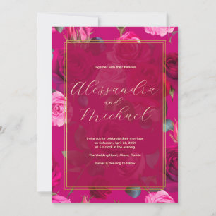 Pink Roses on Viva Magenta   Wedding Invitation