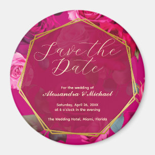 Pink Roses on Viva Magenta Wedding Save The Date Magnet