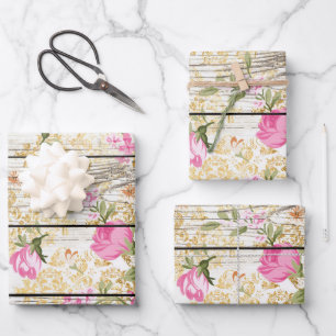 Pink Roses on White Barnboard Wrapping Paper Sheet