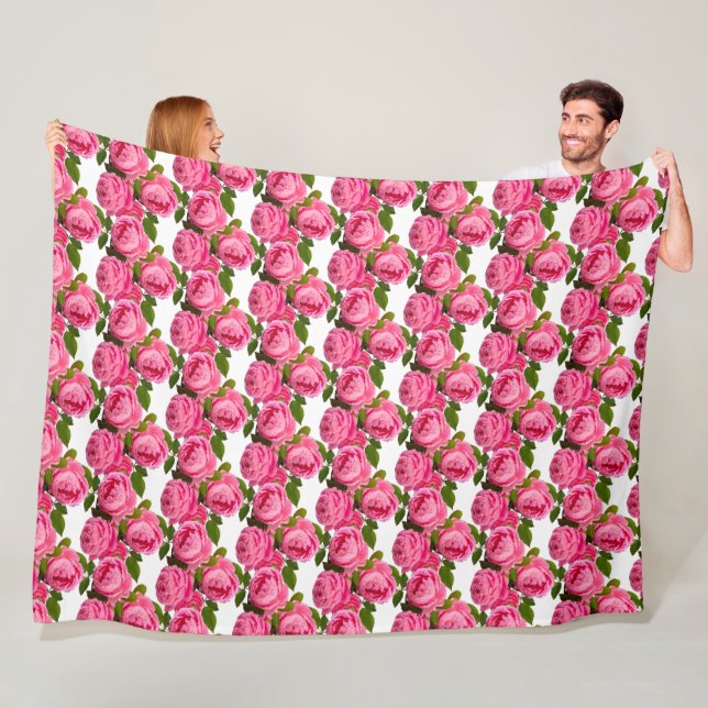 Pink Roses on White  Fleece Blanket (In Situ)