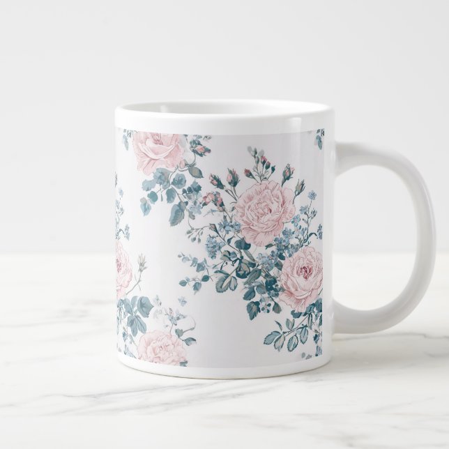 Pink Roses on White Large Coffee Mug (Right)