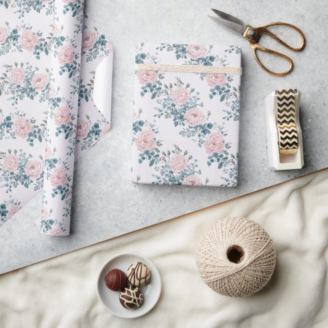 Pink Roses on White Wrapping Paper (Crafts)