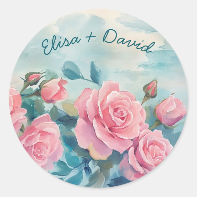 Pink Roses Painting Bridal Shower CUSTOM  Classic Round Sticker (Front)