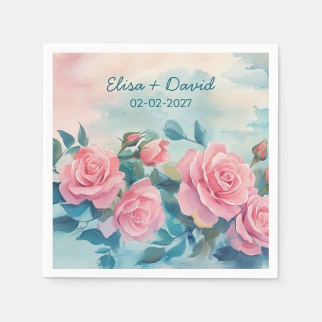 Pink Roses Painting Bridal Shower CUSTOM  Napkin (Front)