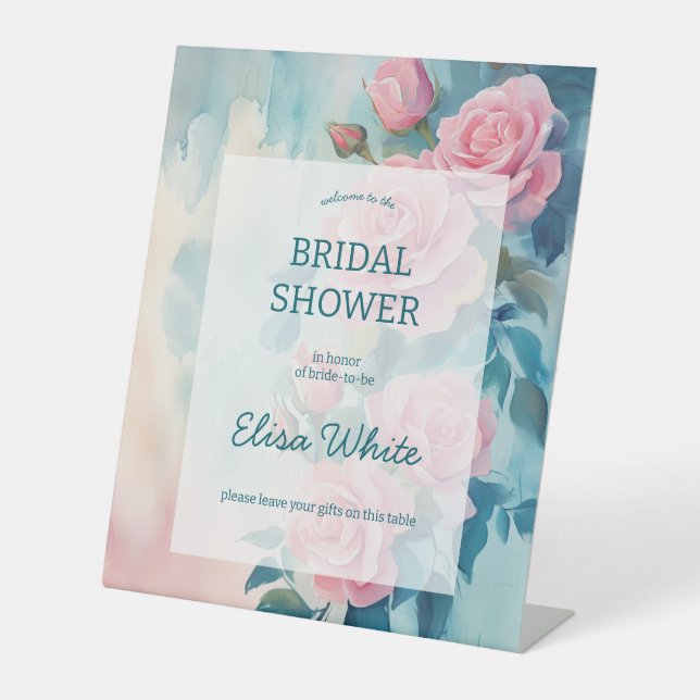 Pink Roses Painting Bridal Shower CUSTOM  Pedestal Sign (Front)